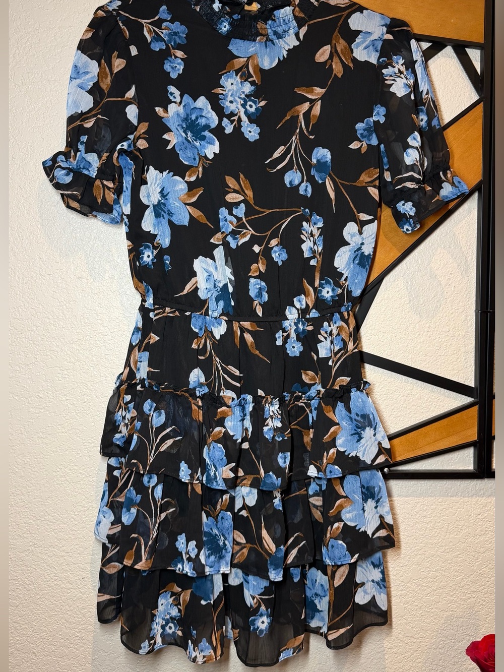 Crystal Doll Black Mini Dress with Blue Floral Print